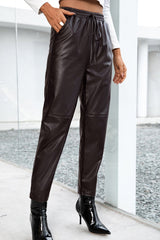 Seamed Elastic Waist PU Leather Pants - Shah S. Sahota