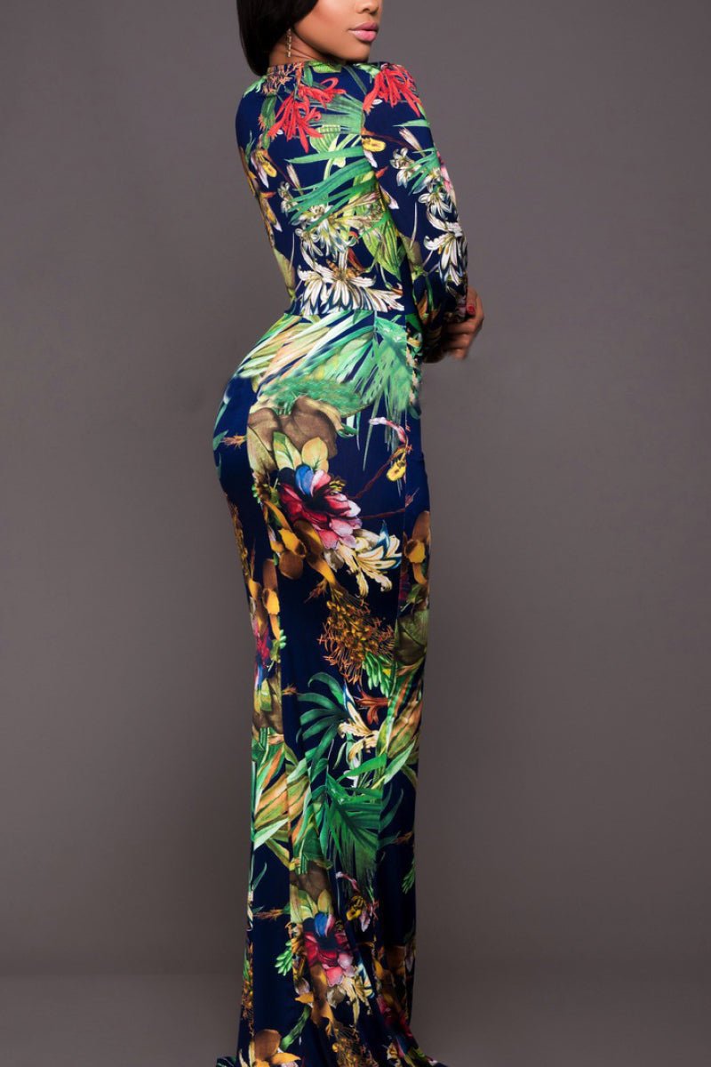 Printed Plunge Neck Leg Split Maxi Dress - Shah S. Sahota