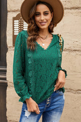 Lace Crochet V-Neck Flounce Sleeve Top - Shah S. Sahota