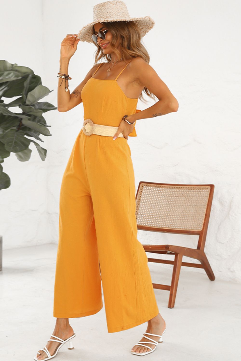 Cutout Spaghetti Strap Tie Back Wide Leg Jumpsuit - Shah S. Sahota