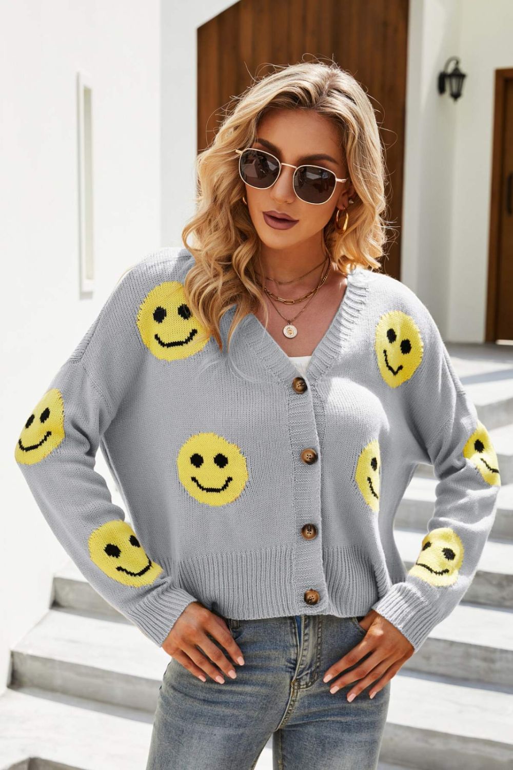 Smiley Face Ribbed Trim V-Neck Cardigan - Shah S. Sahota