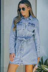 Button Down Collared Neck Belted Denim Dress - Shah S. Sahota