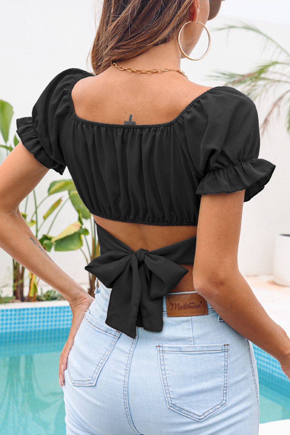 Ruched Square Neck Tie Back Cropped Top - Shah S. Sahota