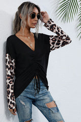 Leopard Drawstring Ruched Deep V Top - Shah S. Sahota