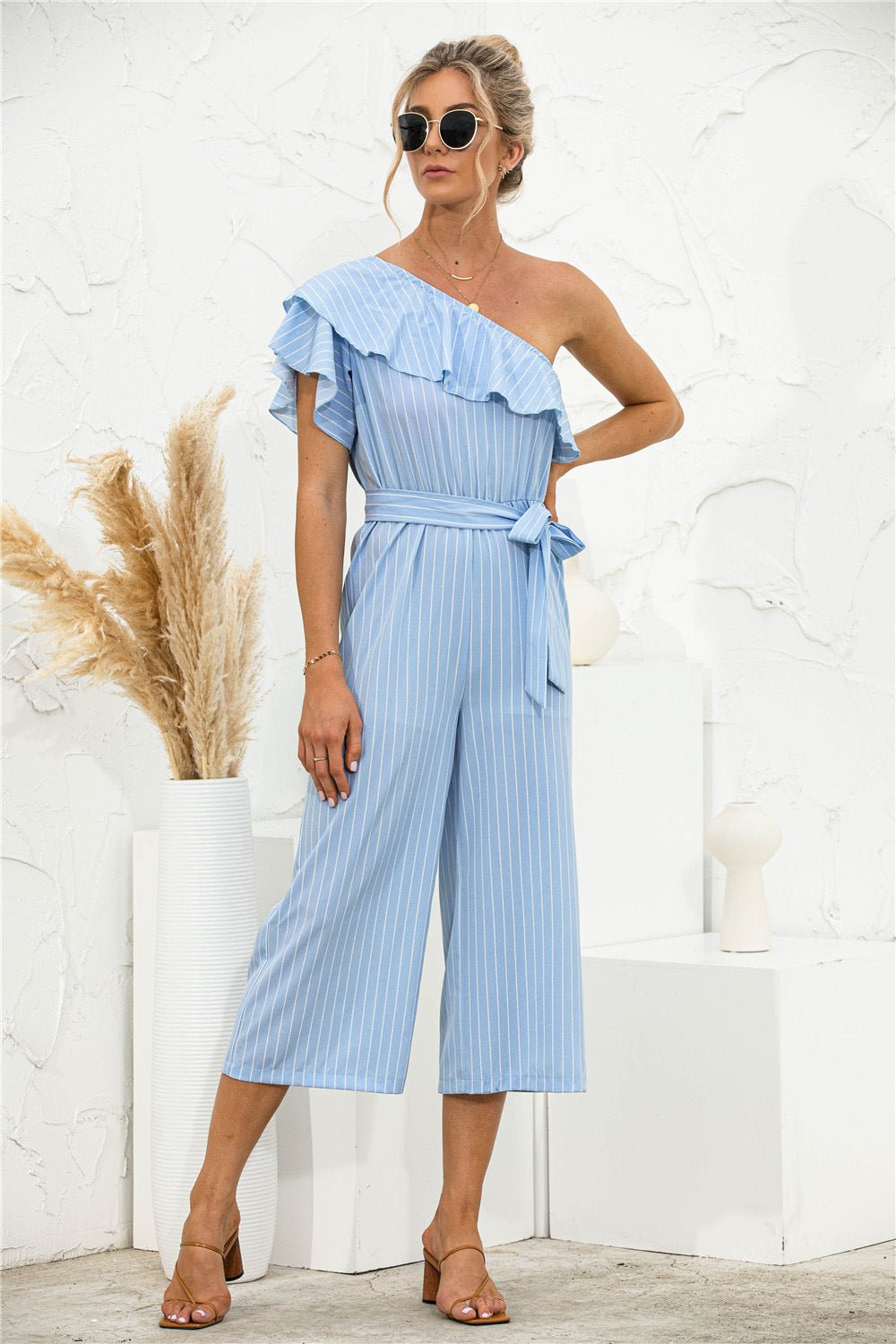 Asymmetric Neck Ruffle Trim Striped Jumpsuit - Shah S. Sahota