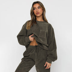Corduroy Crew Neck Pullover Long Sleeve Sweatshirts & TiePants Two-Piece Sets - Shah S. Sahota