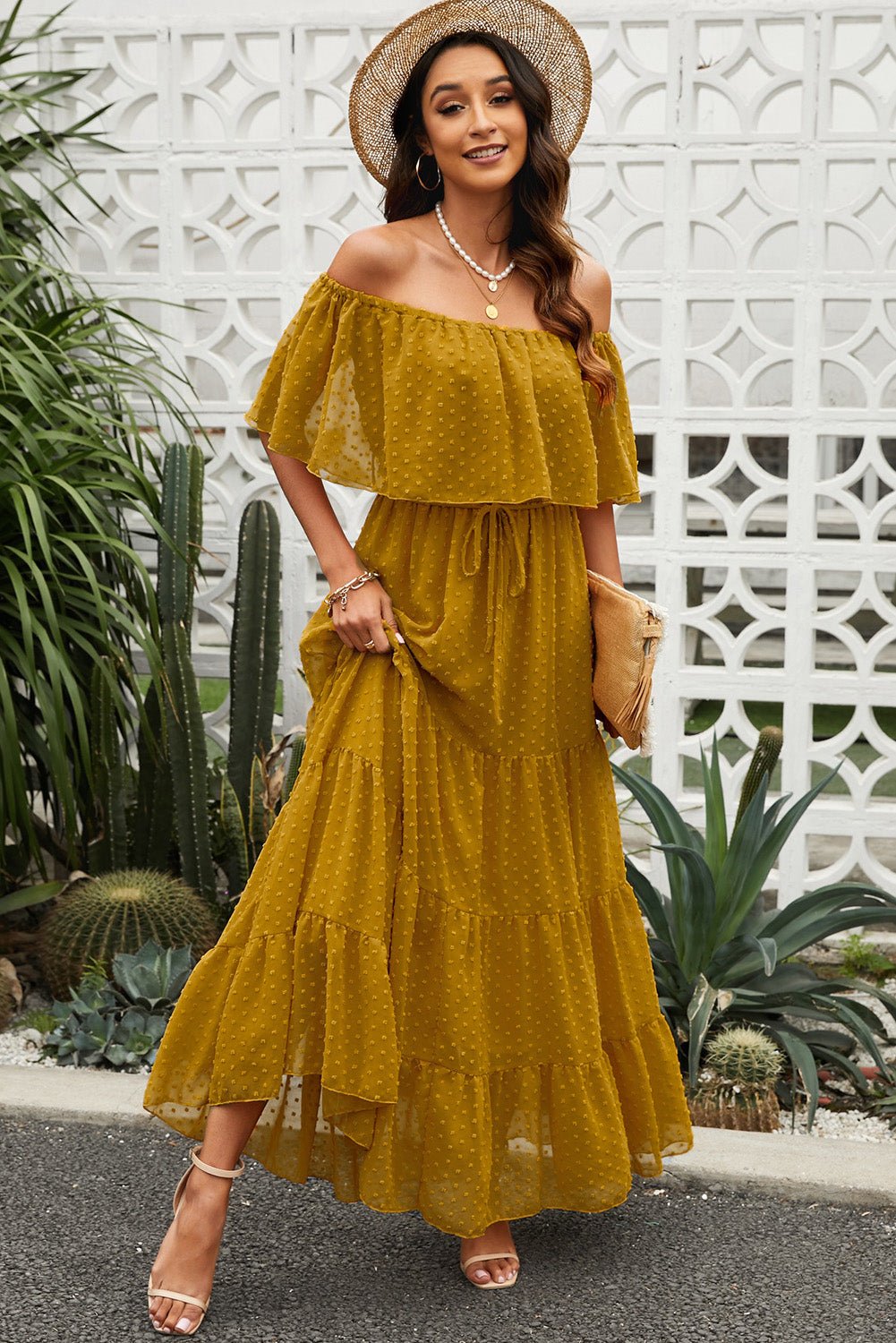 Swiss Dot Off-Shoulder Tiered Maxi Dress - Shah S. Sahota