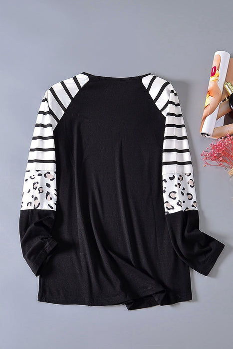 Leopard Panel Striped Raglan Sleeve Top - Shah S. Sahota