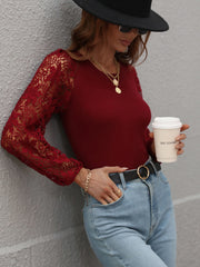 Lace Sleeve Round Neck Ribbed Top - Shah S. Sahota