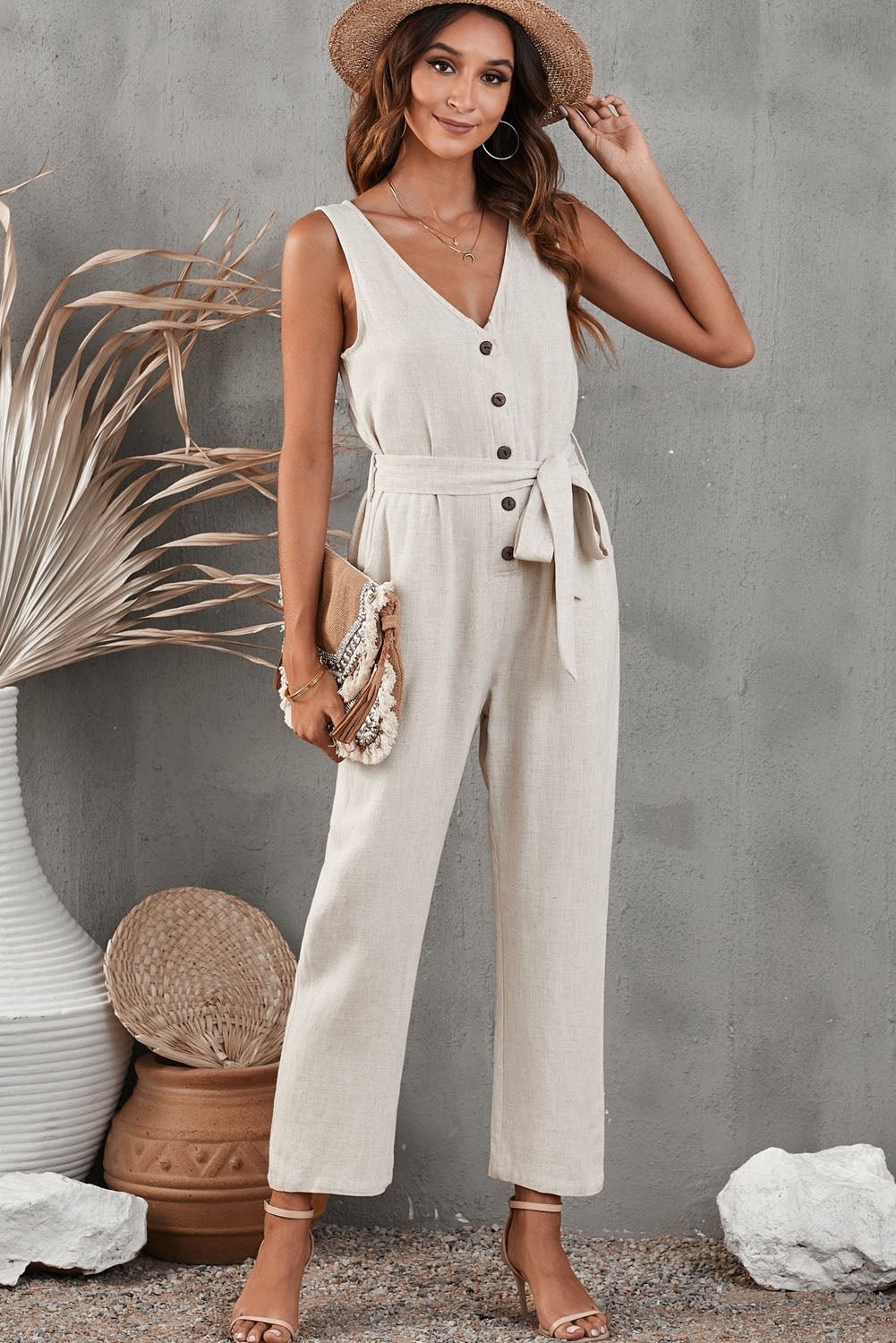 Belted V-Neck Sleeveless Jumpsuit with Pockets - Shah S. Sahota
