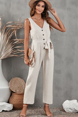 Belted V-Neck Sleeveless Jumpsuit with Pockets - Shah S. Sahota