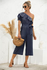 Asymmetric Neck Ruffle Trim Striped Jumpsuit - Shah S. Sahota