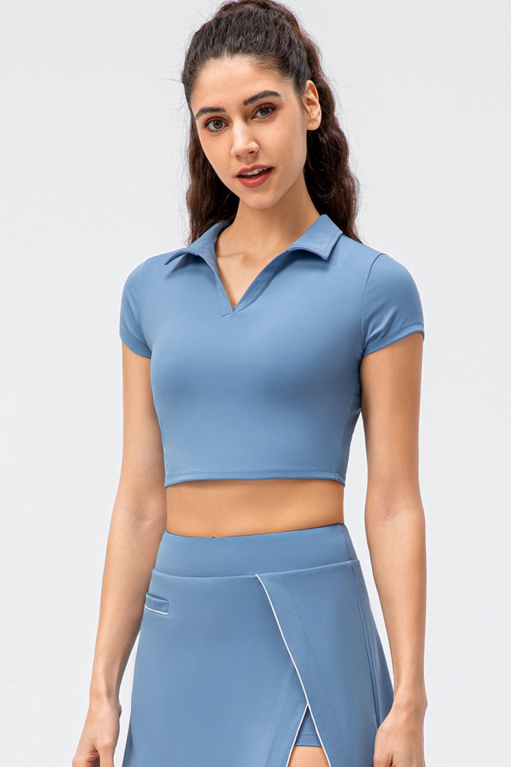 Cropped Short Sleeve Collared Yoga Top - Shah S. Sahota