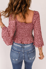 Botanical Print Puff Sleeve Peplum Cropped Top - Shah S. Sahota