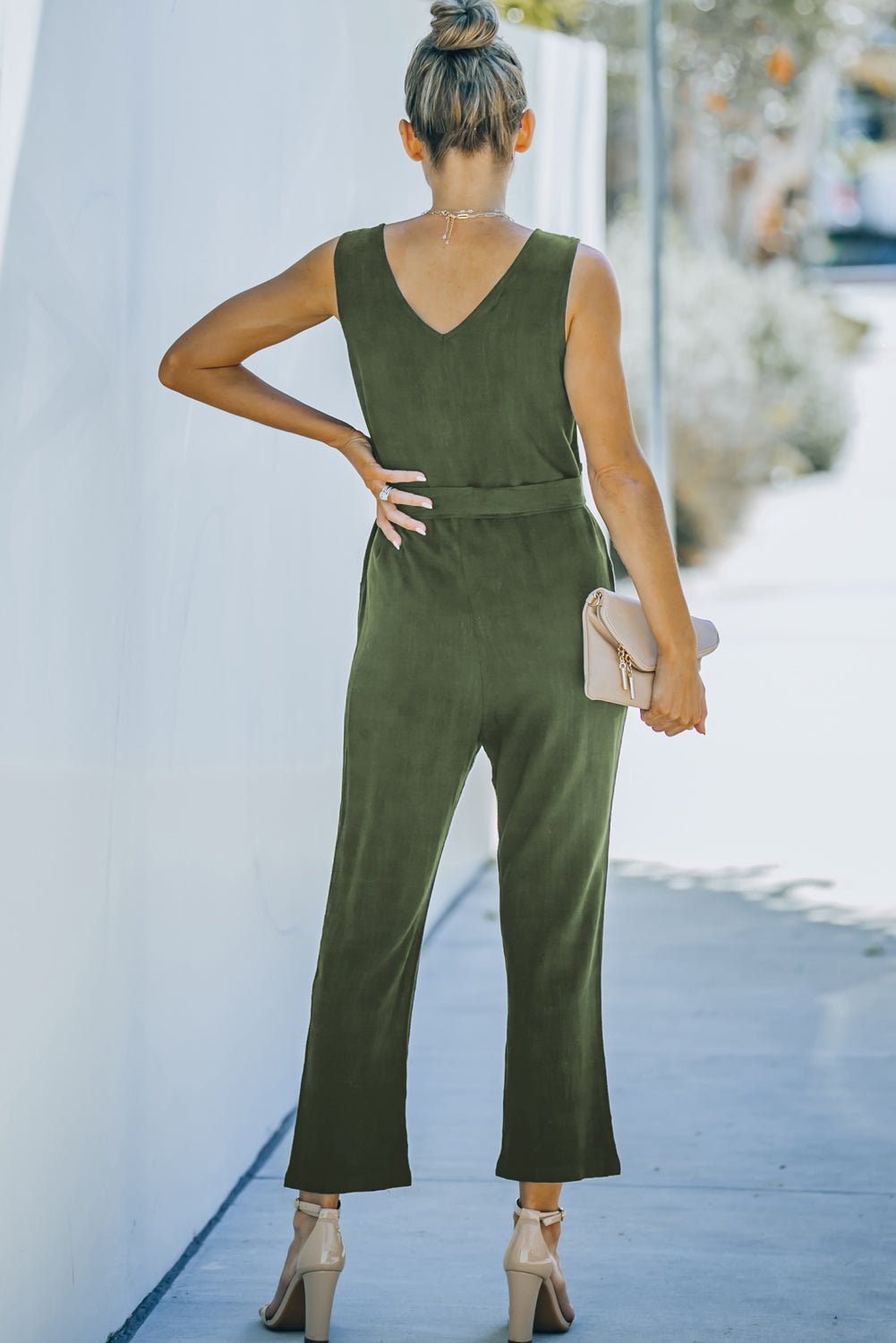 Belted V-Neck Sleeveless Jumpsuit with Pockets - Shah S. Sahota
