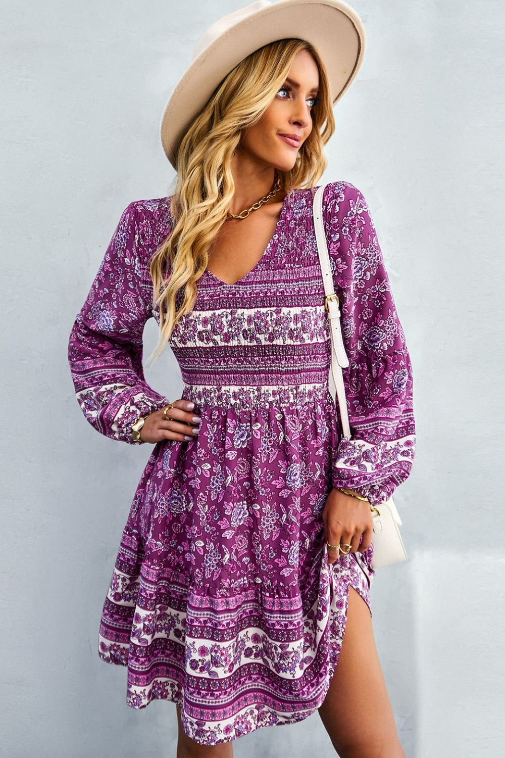 Bohemian V-Neck Balloon Sleeve Dress - Shah S. Sahota