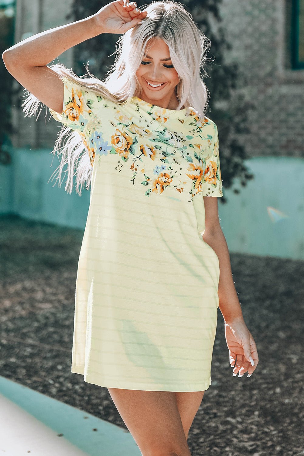 Floral Striped Short Sleeve Round Neck T-Shirt Dress - Shah S. Sahota