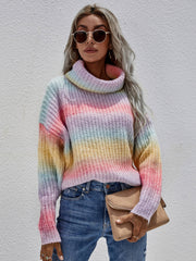 Rainbow Rib-Knit Turtleneck Drop Shoulder Sweater - Shah S. Sahota