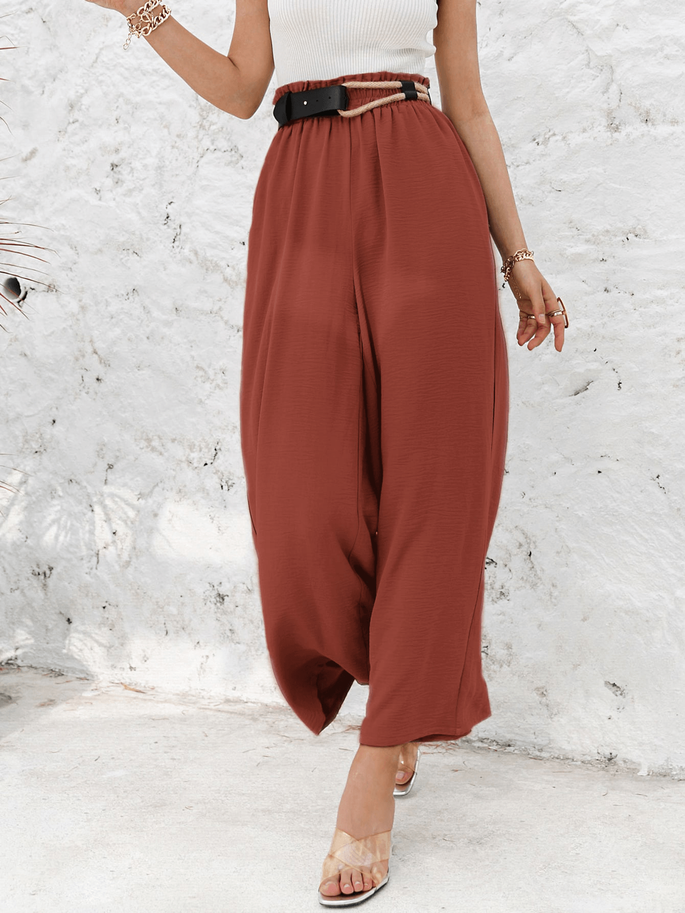 Frill Elastic Waist Wide Leg Pants Without Belt - Shah S. Sahota