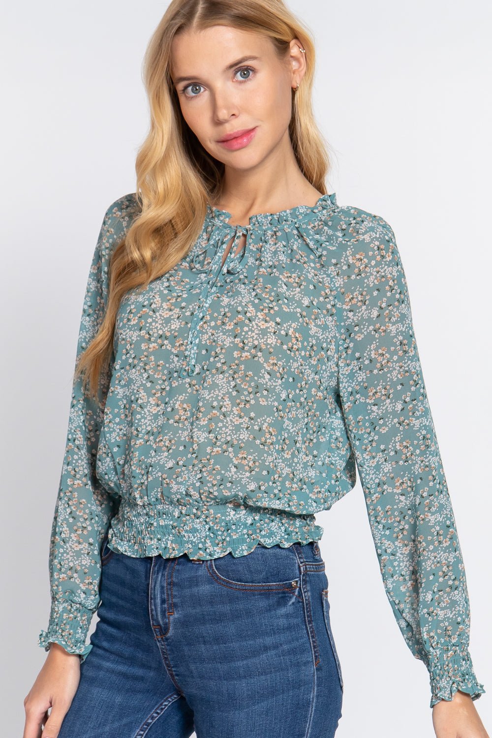 Long Slv Smocked Print Woven Top - Shah S. Sahota
