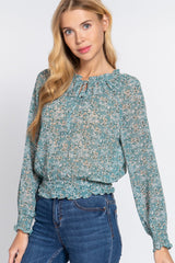 Long Slv Smocked Print Woven Top - Shah S. Sahota