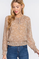 Long Slv Smocked Print Woven Top - Shah S. Sahota