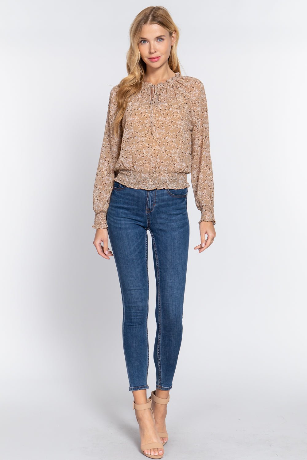 Long Slv Smocked Print Woven Top - Shah S. Sahota