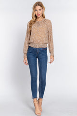 Long Slv Smocked Print Woven Top - Shah S. Sahota