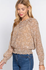 Long Slv Smocked Print Woven Top - Shah S. Sahota