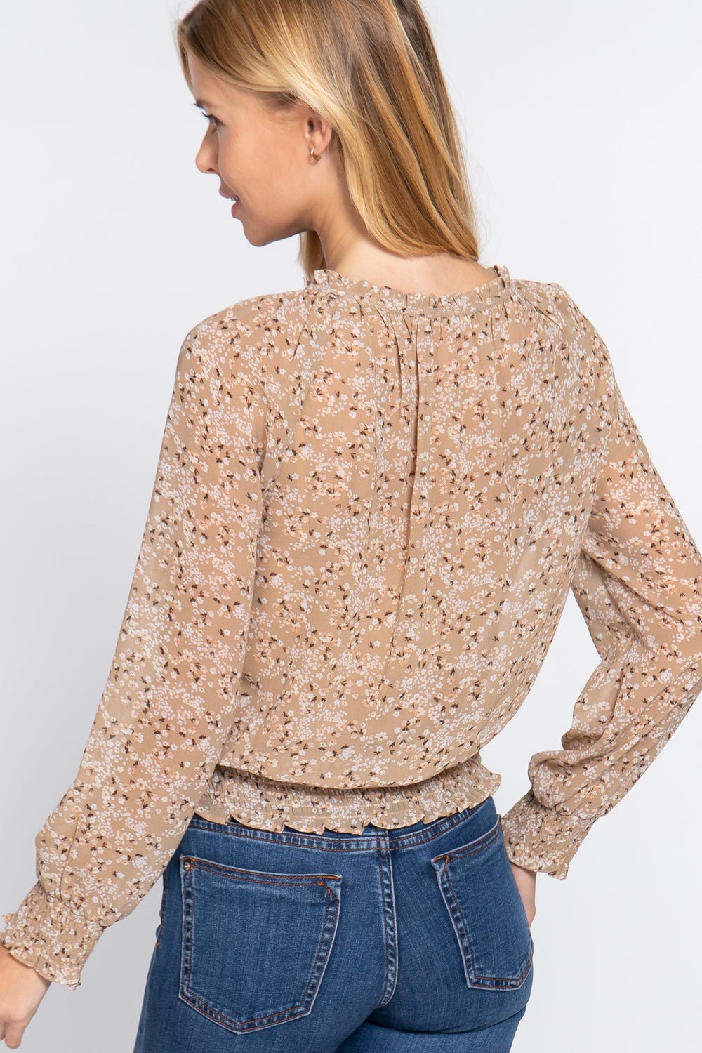 Long Slv Smocked Print Woven Top - Shah S. Sahota
