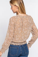 Long Slv Smocked Print Woven Top - Shah S. Sahota