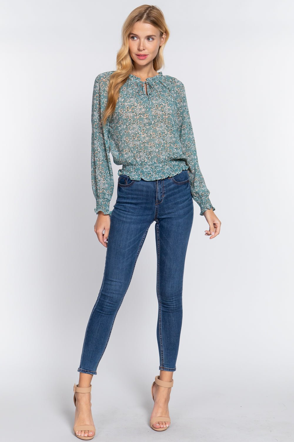 Long Slv Smocked Print Woven Top - Shah S. Sahota