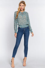 Long Slv Smocked Print Woven Top - Shah S. Sahota