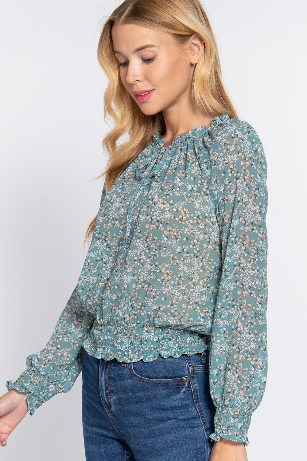 Long Slv Smocked Print Woven Top - Shah S. Sahota
