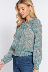 Long Slv Smocked Print Woven Top - Shah S. Sahota