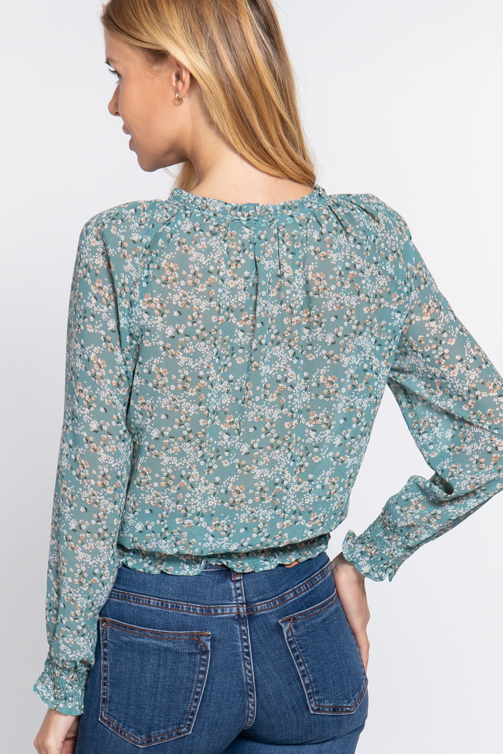 Long Slv Smocked Print Woven Top - Shah S. Sahota
