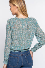 Long Slv Smocked Print Woven Top - Shah S. Sahota