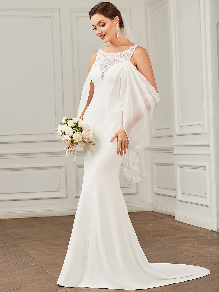 Floor Length Round Neck Fishtail Cape Wedding Dresses - Shah S. Sahota