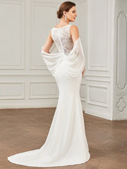Floor Length Round Neck Fishtail Cape Wedding Dresses - Shah S. Sahota