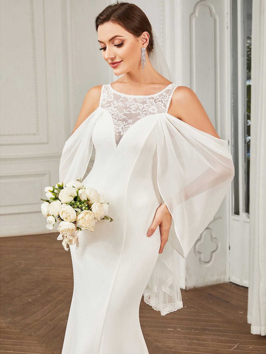 Floor Length Round Neck Fishtail Cape Wedding Dresses - Shah S. Sahota