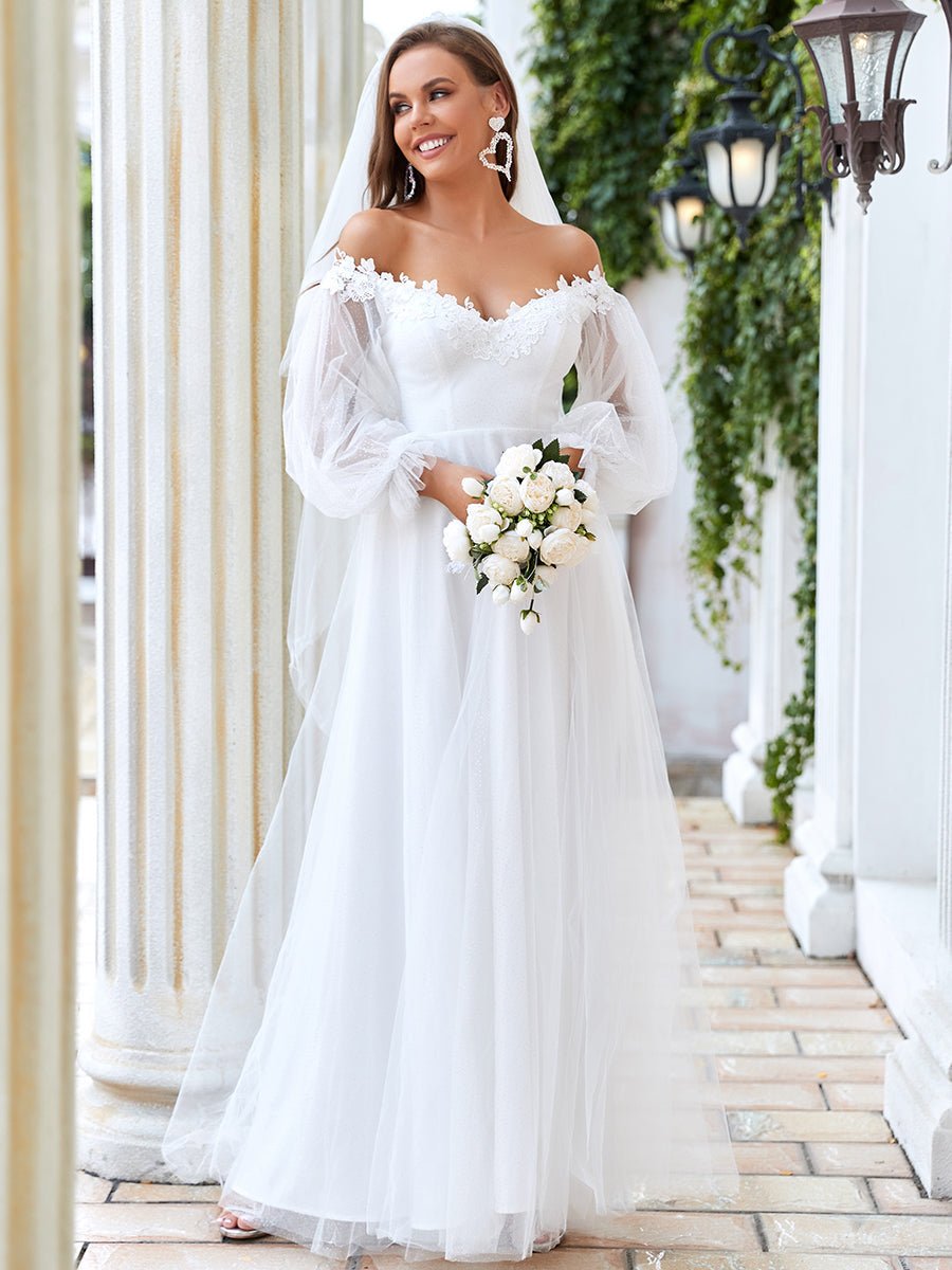 A Line V Neck Bishop Sleeves Wedding Dresses - Shah S. Sahota