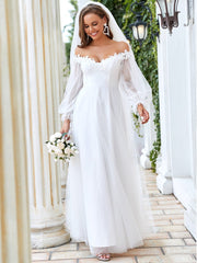 A Line V Neck Bishop Sleeves Wedding Dresses - Shah S. Sahota