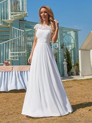 Plain Pleated Chiffon Wedding Dress with Lace Decorations - Shah S. Sahota