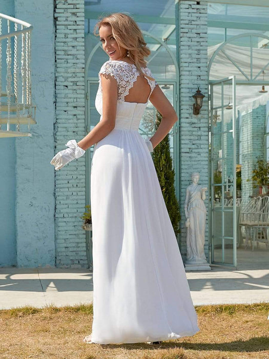 Plain Pleated Chiffon Wedding Dress with Lace Decorations - Shah S. Sahota