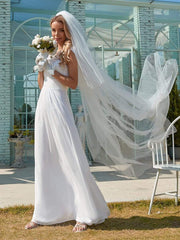 Plain Pleated Chiffon Wedding Dress with Lace Decorations - Shah S. Sahota