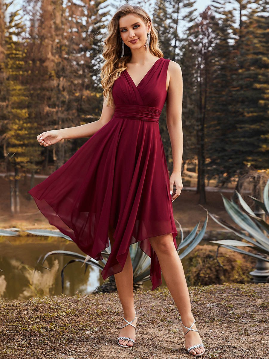 Sleeveless V Neck Mini Chiffon Bridesmaid Dress - Shah S. Sahota