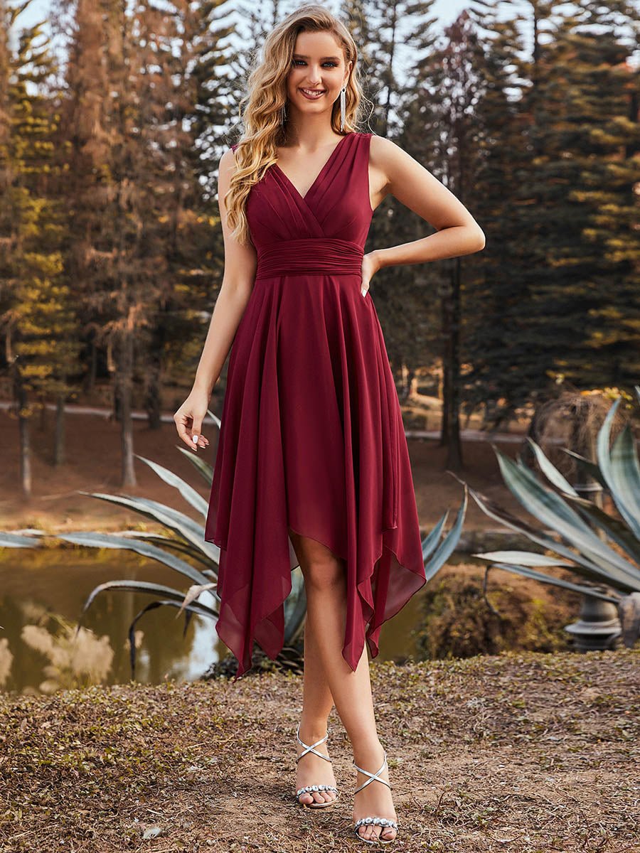 Sleeveless V Neck Mini Chiffon Bridesmaid Dress - Shah S. Sahota