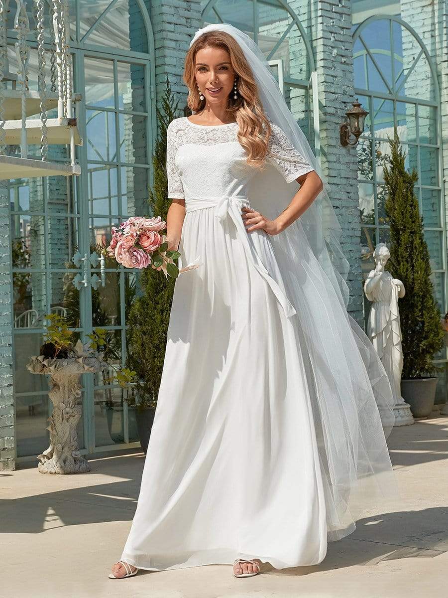 Comfortable Chiffon Wedding Dress With Lace Short Sleeves - Shah S. Sahota