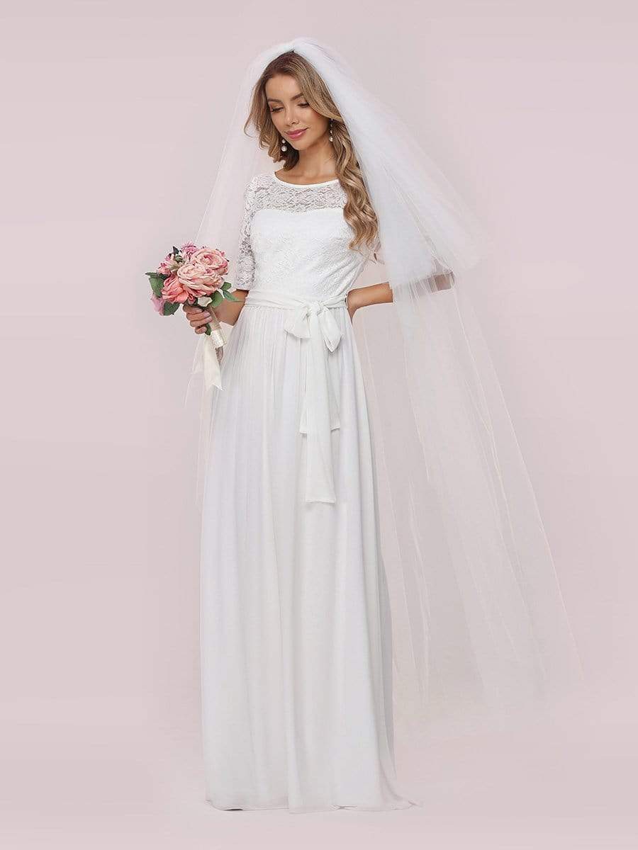 Comfortable Chiffon Wedding Dress With Lace Short Sleeves - Shah S. Sahota