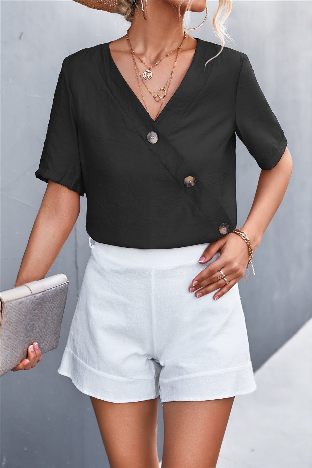 Decorative Button Surplice Top - Shah S. Sahota